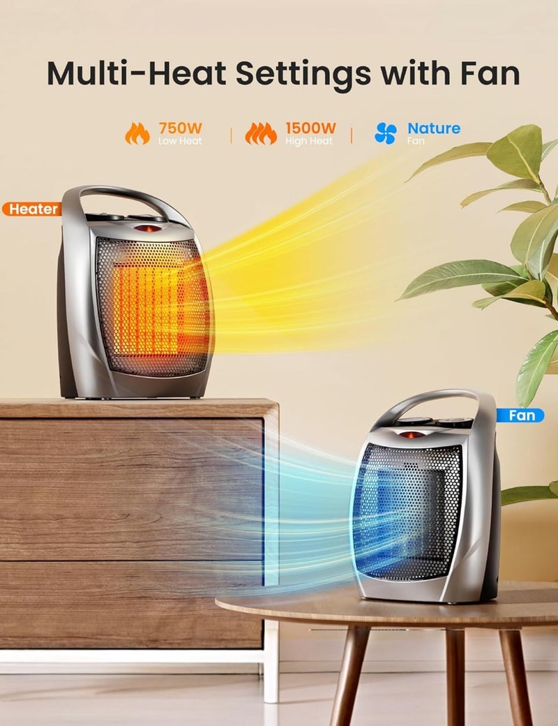 Electactic Portable Ceramic Space Heater w/Thermostat, 1500W Indoor Electric Space Heater Fan with Overheat and Tip-Over Protection, Heat Up 200 Square Feet for Office Room Dorm Use, Silver - Image 3